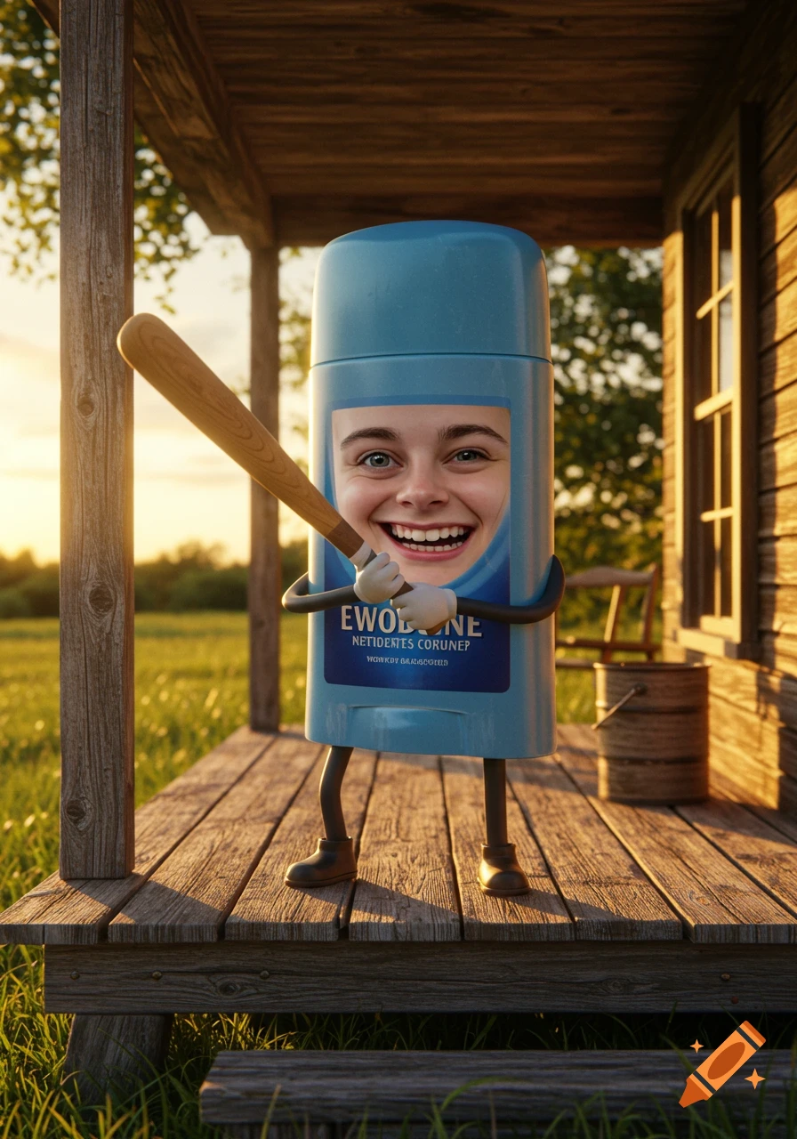 A photorealistic image of a blue deodorant bottle with a smiling human face, cartoon arms, and legs, holding a baseball bat while standing on a rustic wooden porch. A sunny field is in the background.