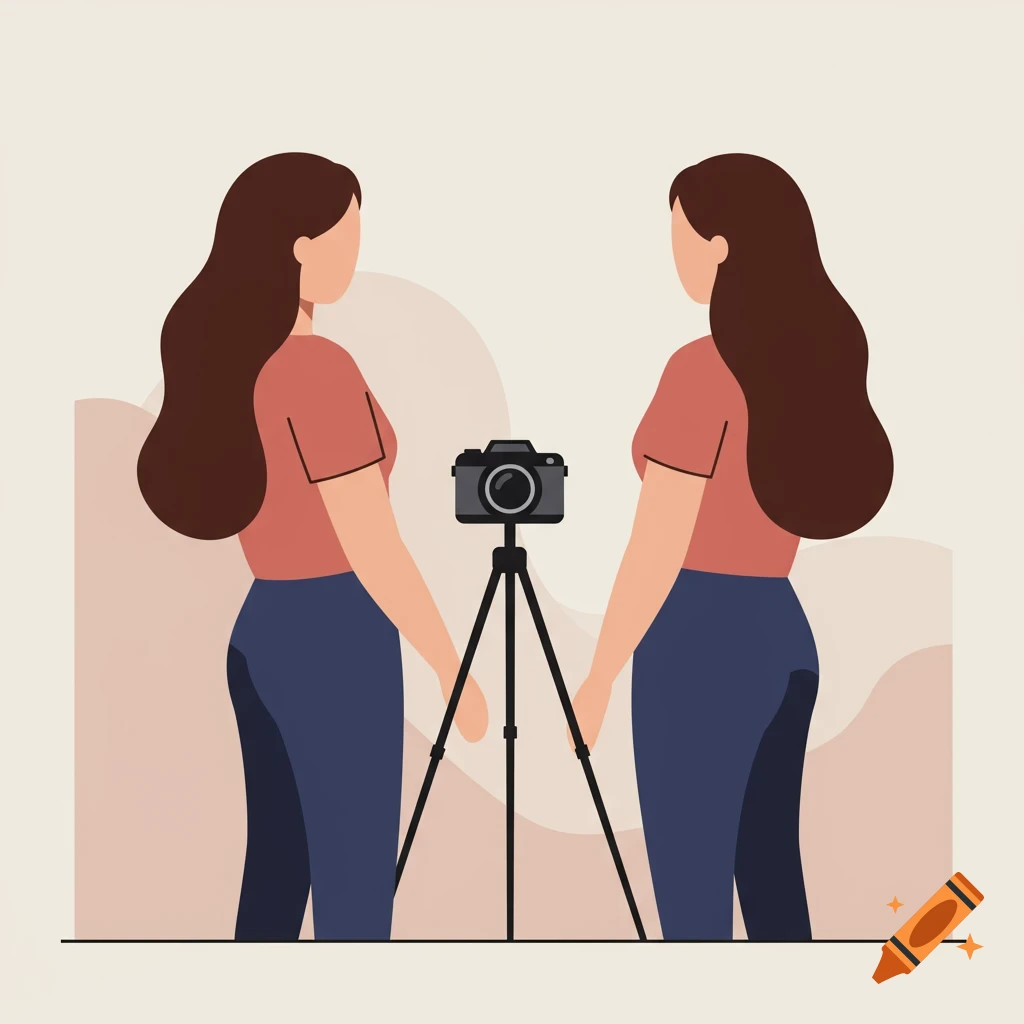 Two stylized women with brown hair, seen from behind, facing a camera on a tripod in a flat illustration style.