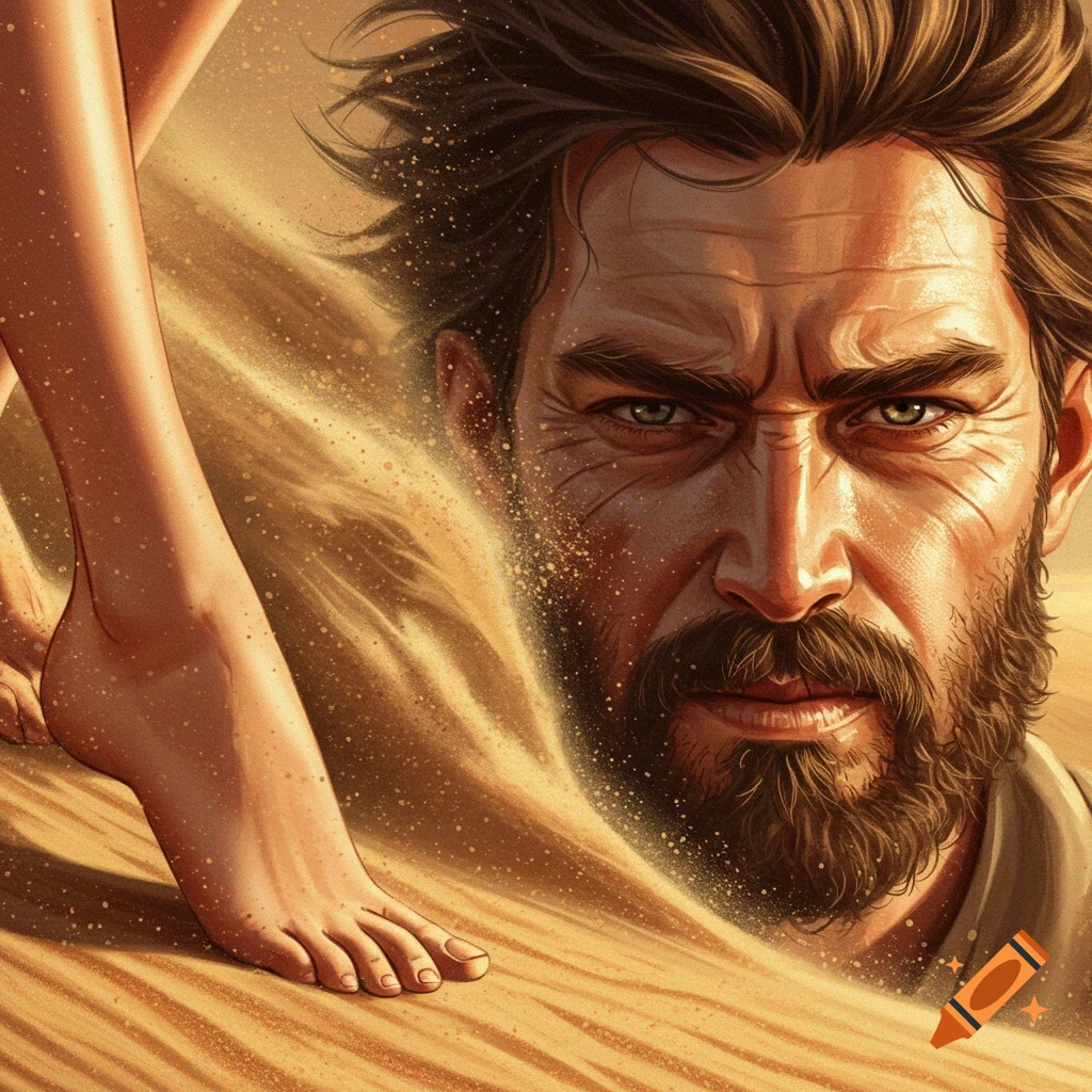 Close-up illustration of a man's intense face and a bare foot in sand, blasted by wind.