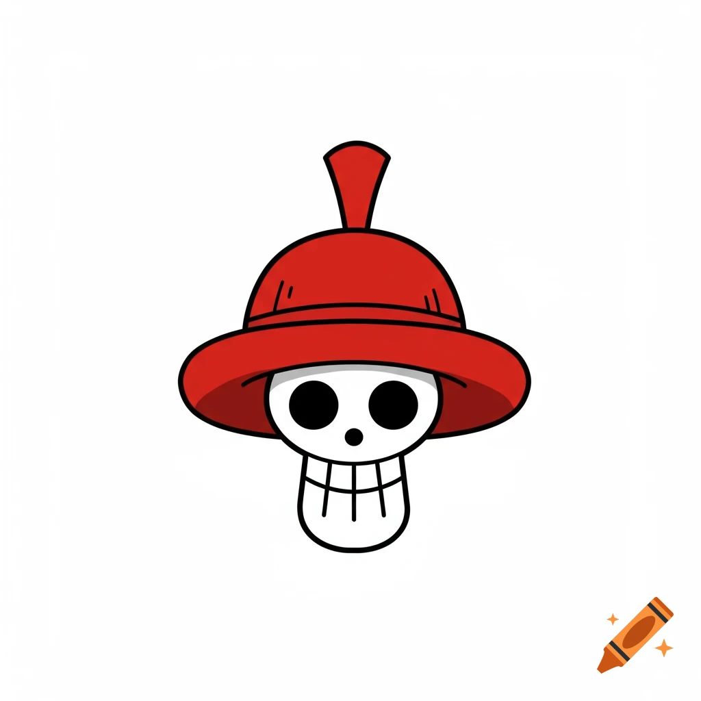 A white skull with black eyes and a wide smile, wearing a red wide-brimmed hat with a pointed top, on a white background.