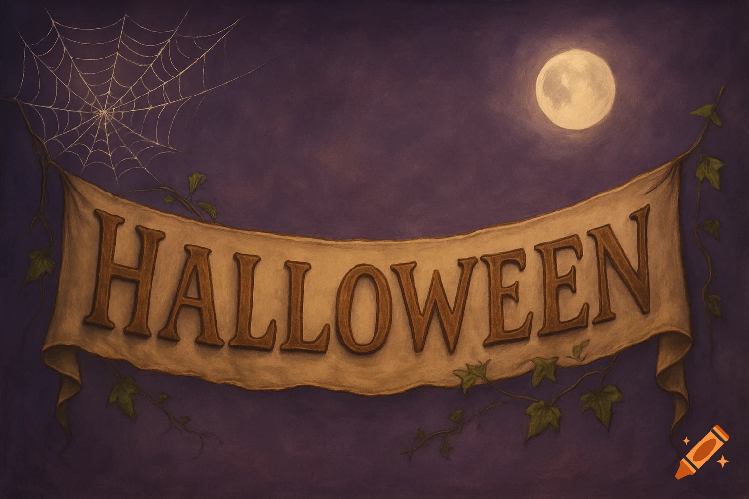 A Halloween banner with the word 'HALLOWEEN' hangs under a full moon and spiderweb against a dark purple, painterly night sky.