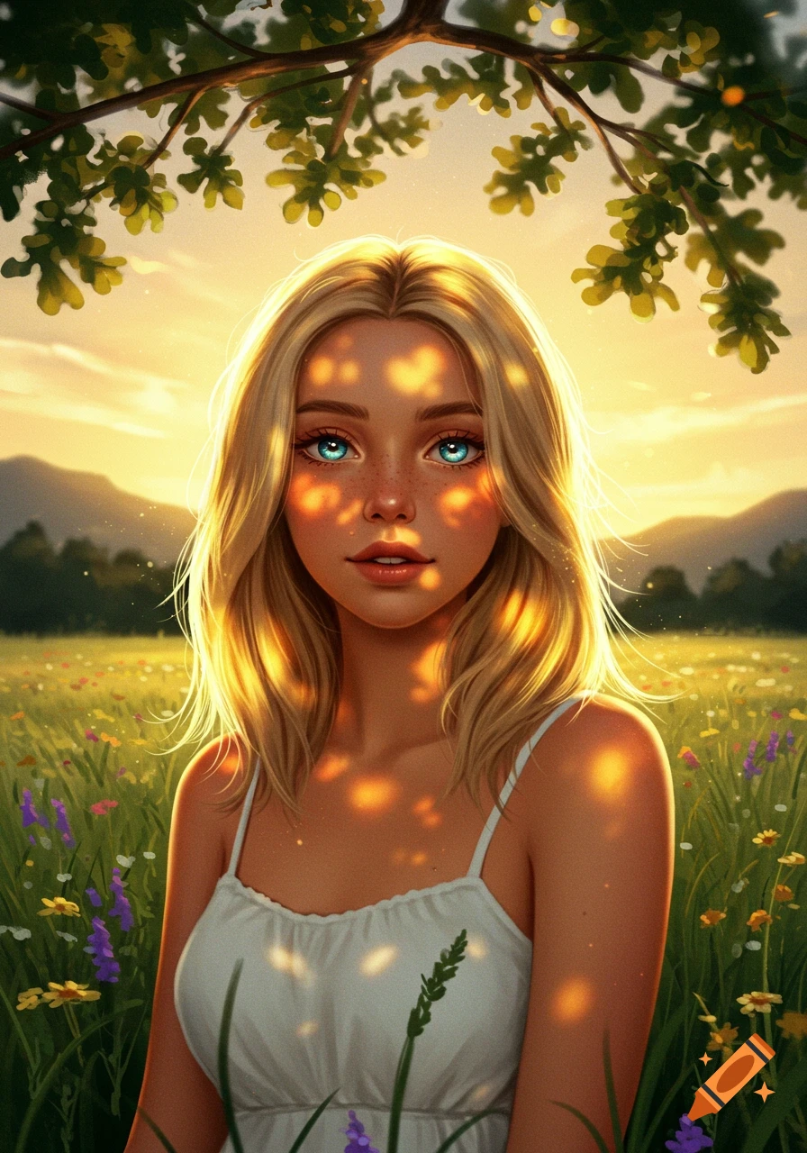A stylized portrait of a blonde woman with blue eyes, illuminated by golden sunlight filtering through tree leaves in a vibrant meadow.