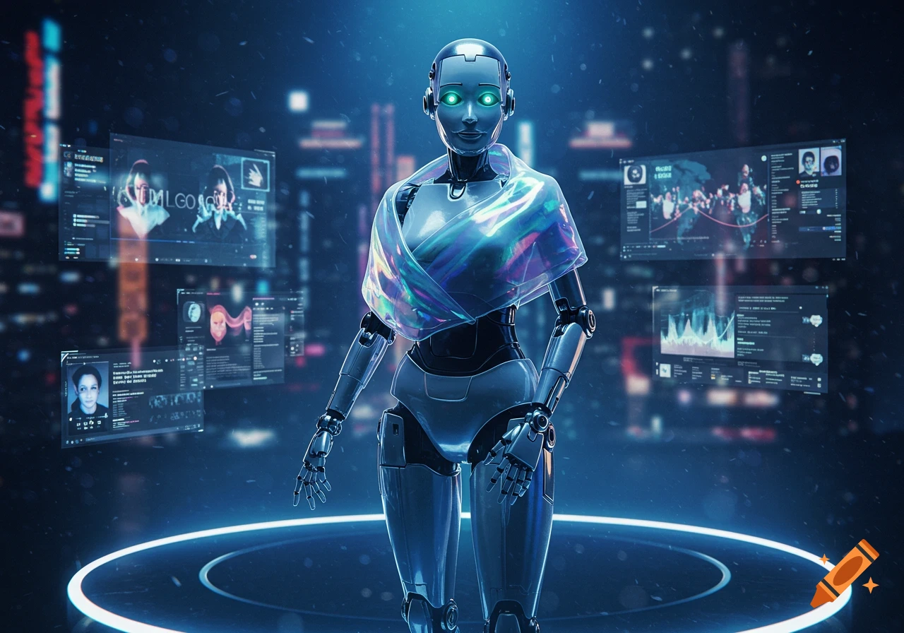 A silver robot with glowing green eyes and a shimmering wrap stands on a glowing platform, surrounded by holographic data screens in a dark, futuristic city.