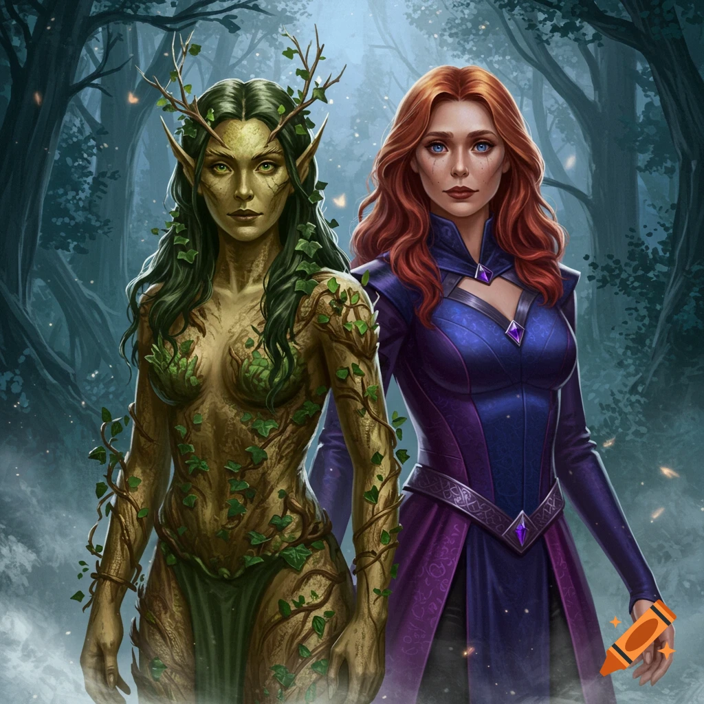 A green-skinned nature spirit with antlers and a red-haired woman in a purple outfit stand in a dark, mystical forest. Digital art.