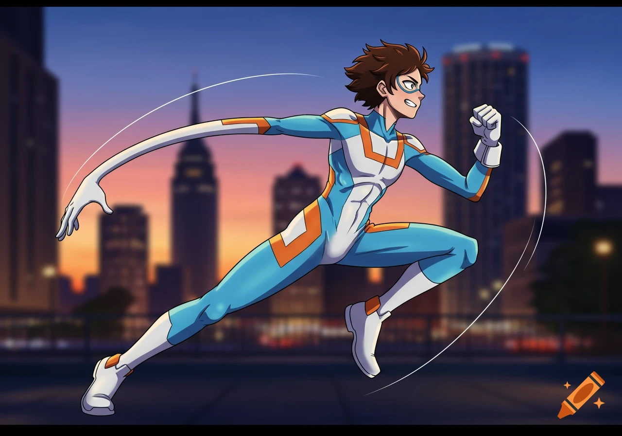 Anime superhero with a stretchy arm running in a light blue, orange, and white suit against a city skyline at dusk.
