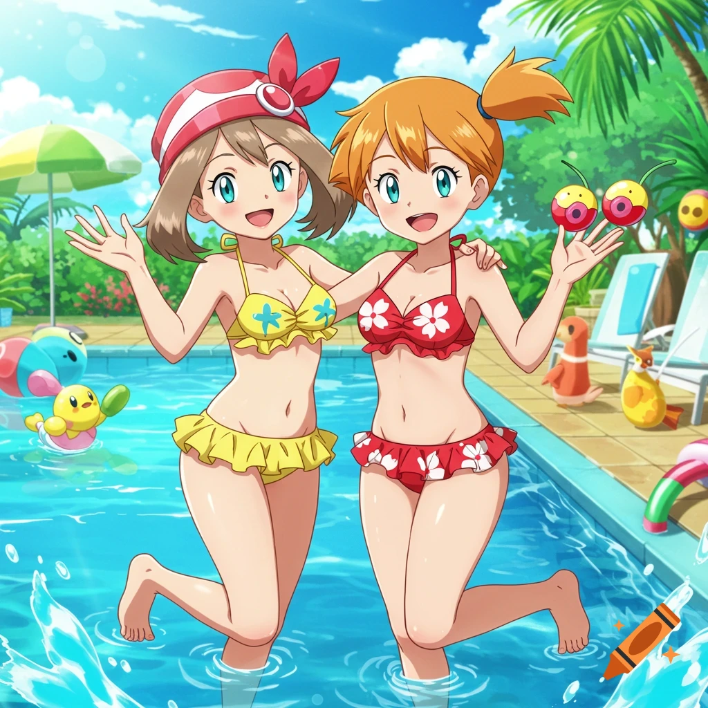 Misty and May from Pokemon, in two-piece swimsuits, smiling and standing in a swimming pool on a sunny day.