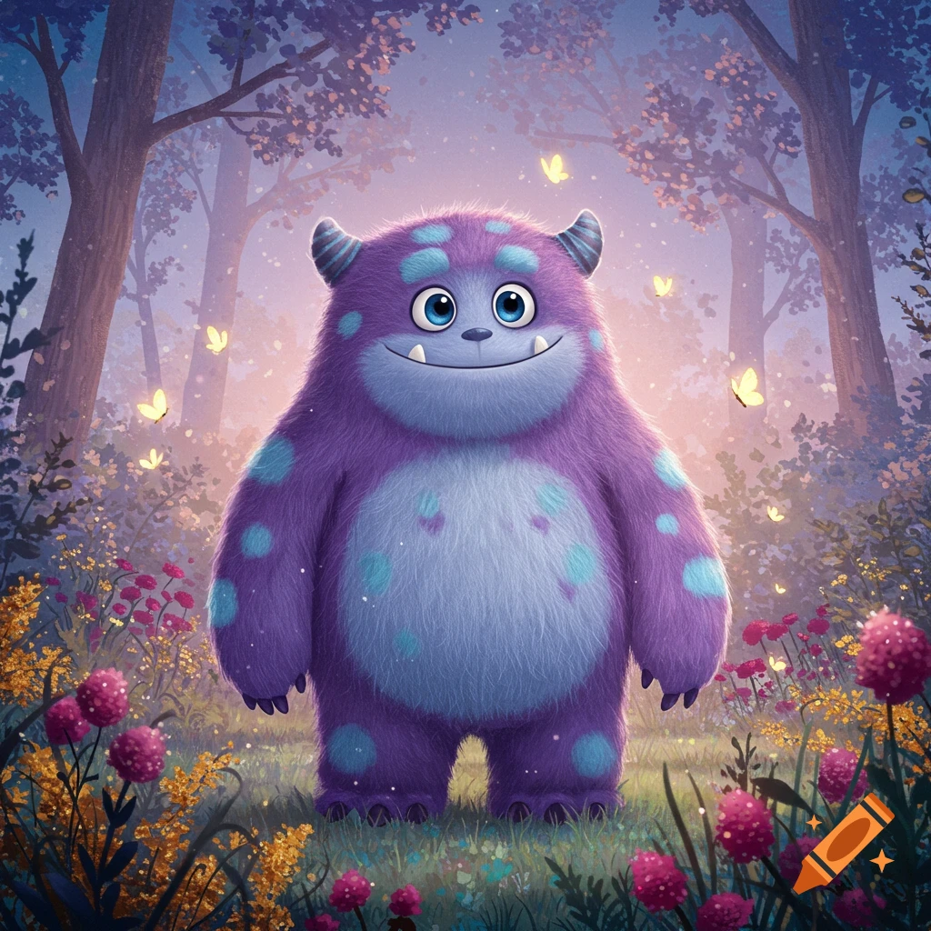 A cute, fluffy purple monster with blue spots and small horns smiles in a magical forest filled with pink and yellow flowers and glowing butterflies.