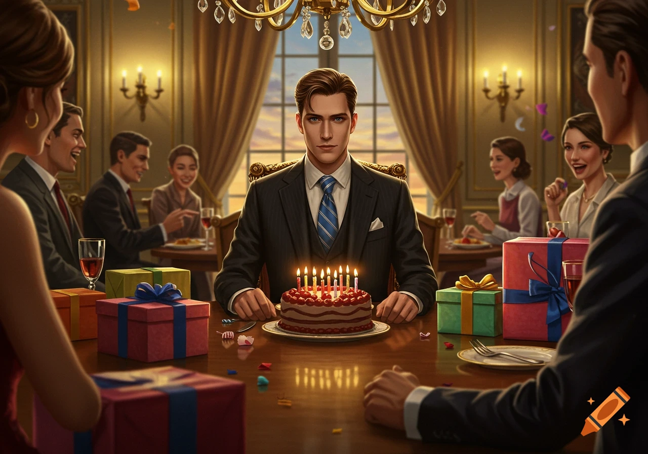 A young man sits before a birthday cake and presents at a formal dining table, surrounded by celebrating guests.