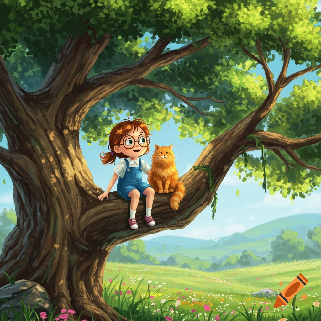 A cartoon girl with glasses and a ginger cat sit together on a large tree branch overlooking a green field with hills.