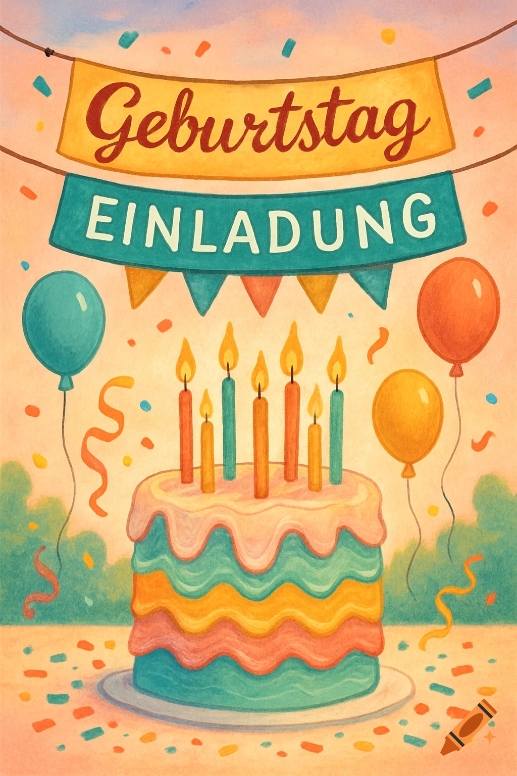 A vibrant watercolor illustration of a birthday cake with candles, balloons, and confetti, with banners reading "Geburtstag EINLADUNG".