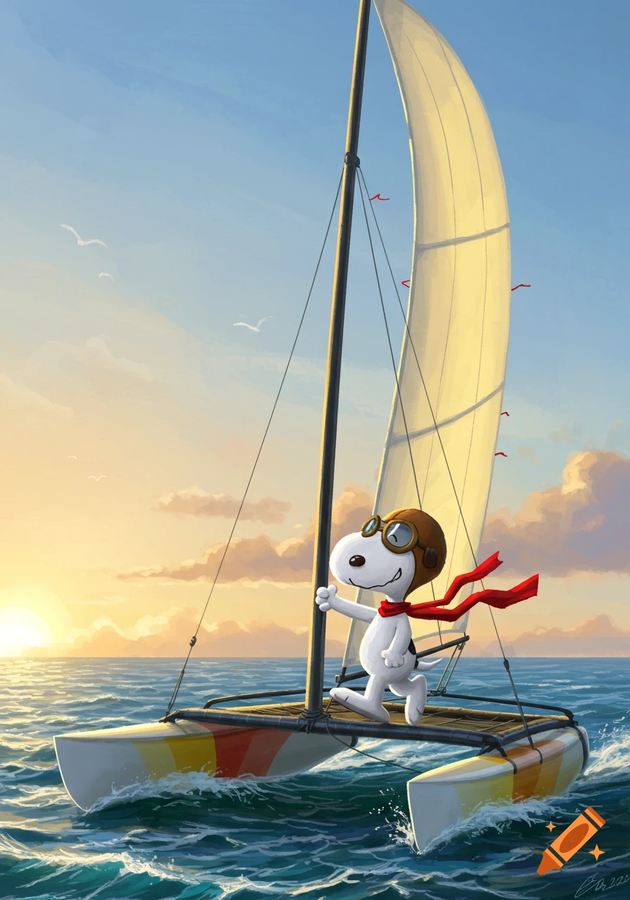 Snoopy as a pilot, wearing goggles and a red scarf, stands on a catamaran sailing on the ocean during sunset, in a cartoon style.