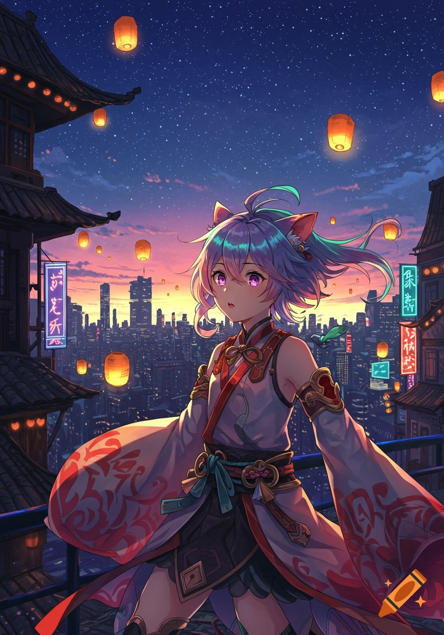An anime cat-girl in traditional attire stands on a balcony overlooking a futuristic city at sunset with floating lanterns.