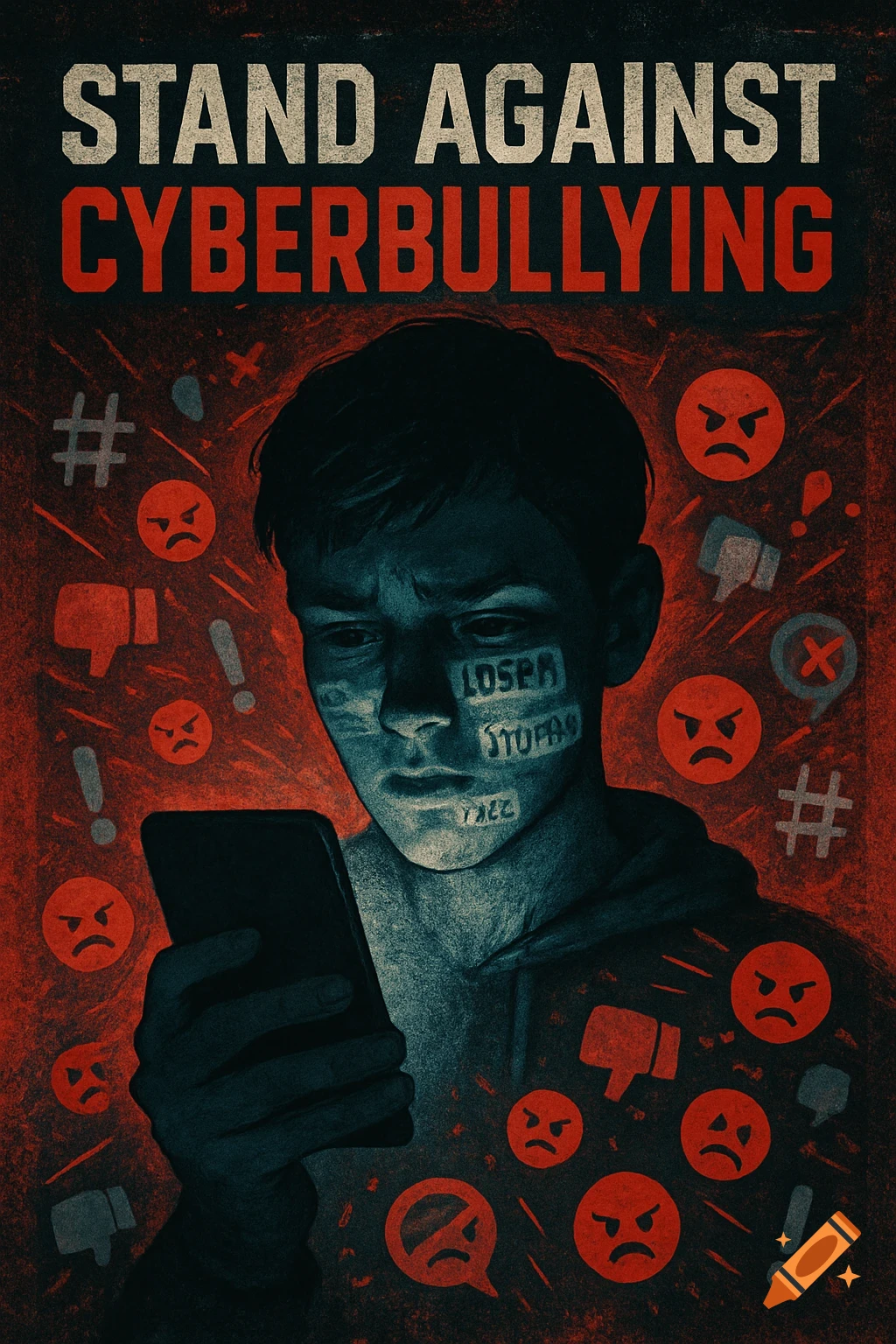 Distressed poster showing a boy illuminated by a phone screen, with garbled derogatory words on his face and angry emojis, promoting 'STAND AGAINST CYBERBULLYING'.