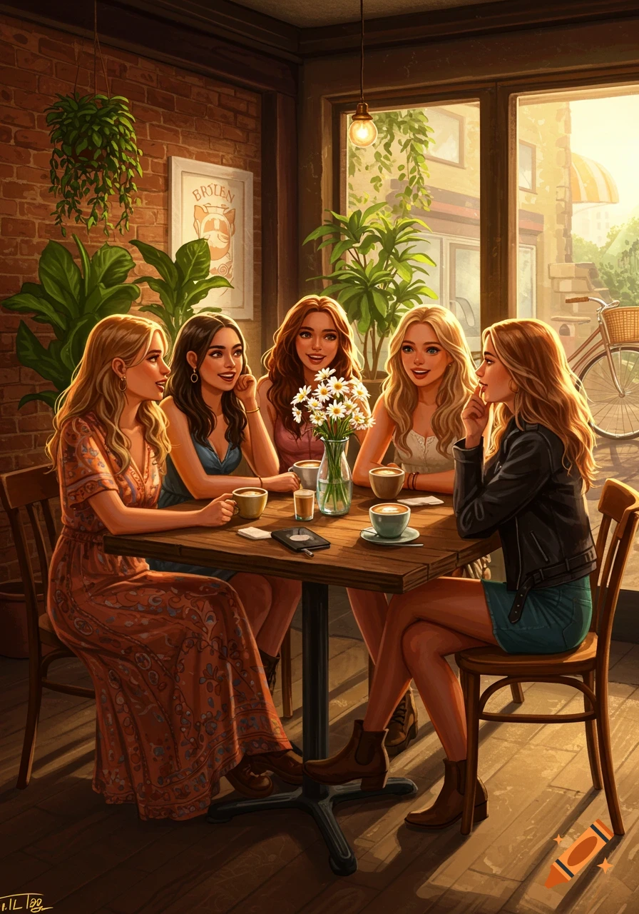 Five young women with long hair sitting around a wooden table in a sunlit cafe, drinking coffee and talking. The art style is digital illustration.