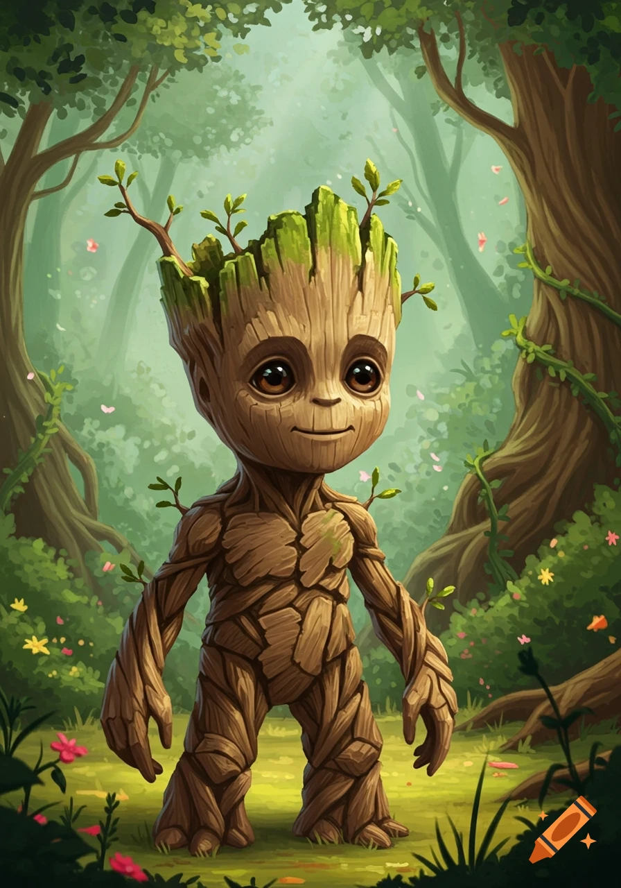 A cute, smiling, wooden creature with mossy hair and leafy branches stands in a lush, vibrant green forest. Stylized cartoon art.