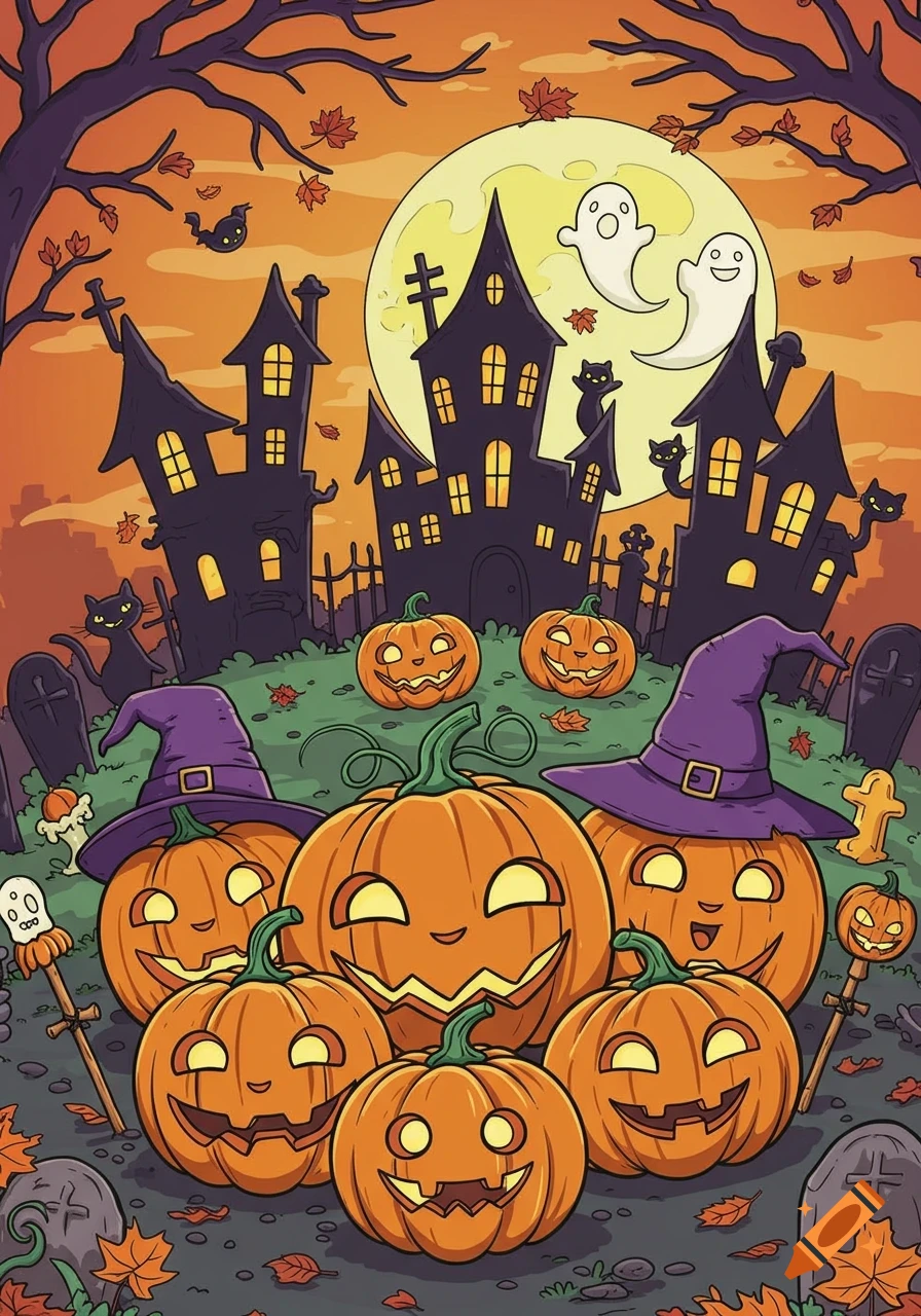 A vibrant cartoon Halloween scene with grinning pumpkins, spooky haunted houses, two white ghosts, and black cats under a full moon.