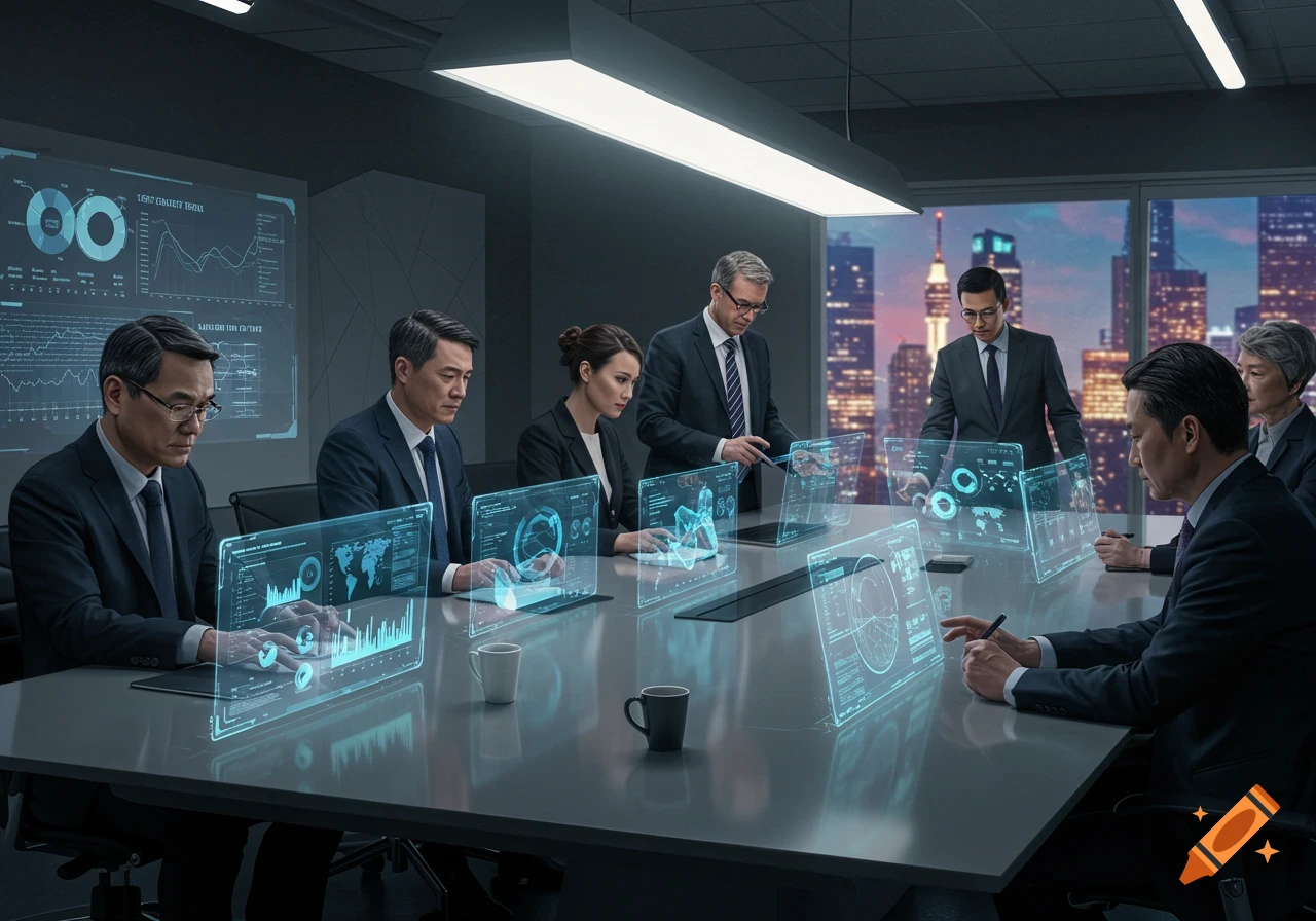 Professionals in a futuristic meeting room interacting with holographic data displays and charts, with a city skyline outside.