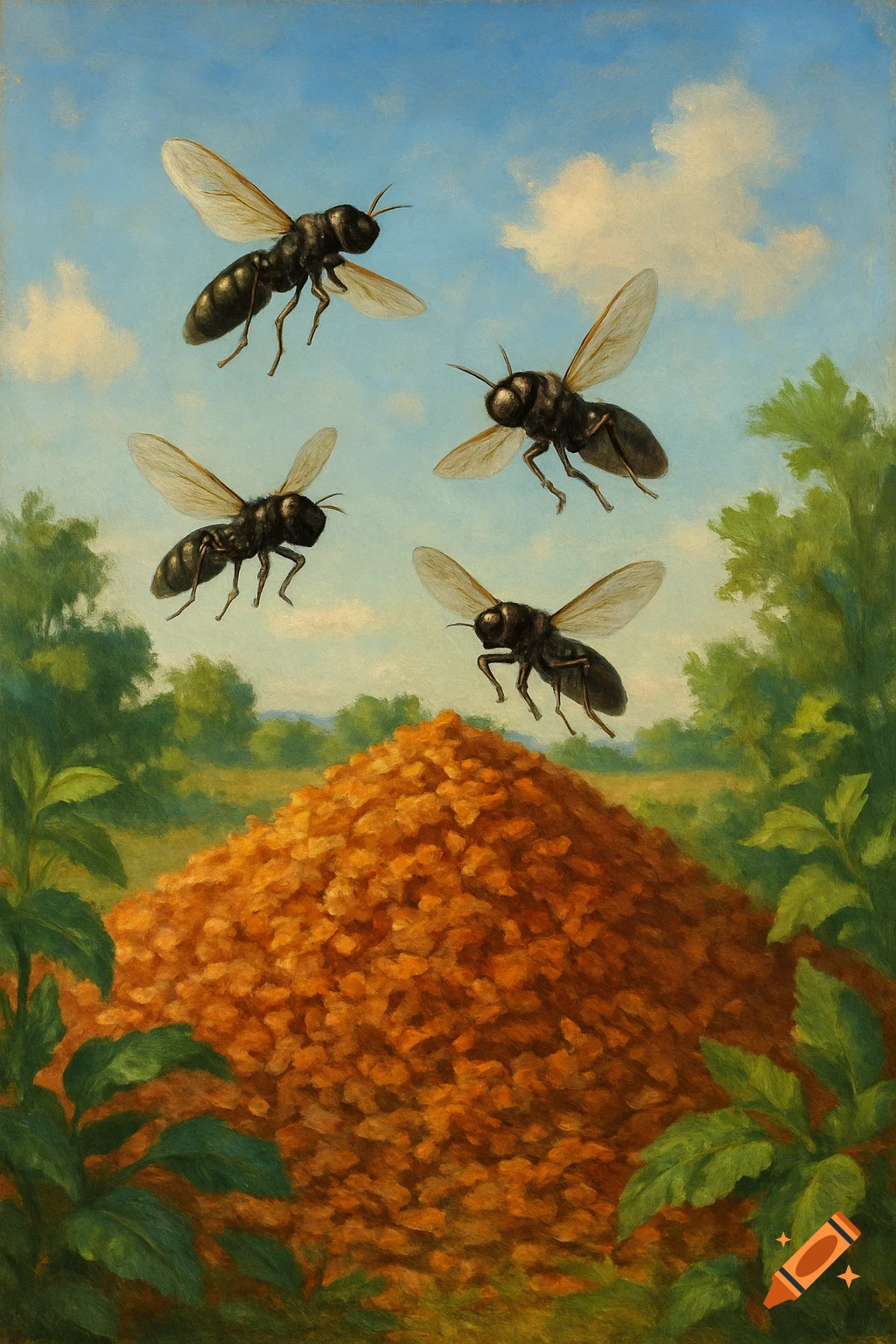 Oil painting of four black soldier flies with translucent wings hovering over a mound of orange grains in a green landscape.