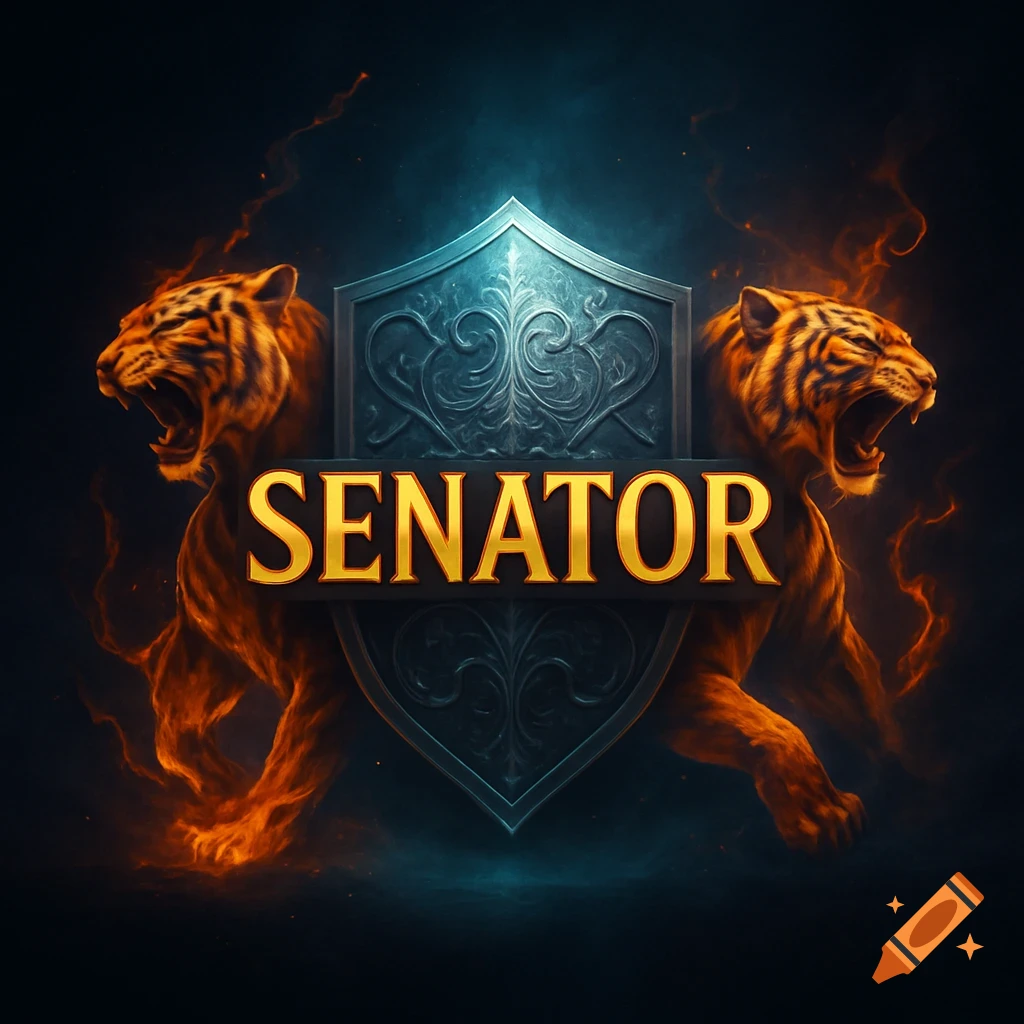 A fiery logo featuring a silver shield with the word SENATOR, flanked by two roaring, fiery tigers against a dark, smoky background.