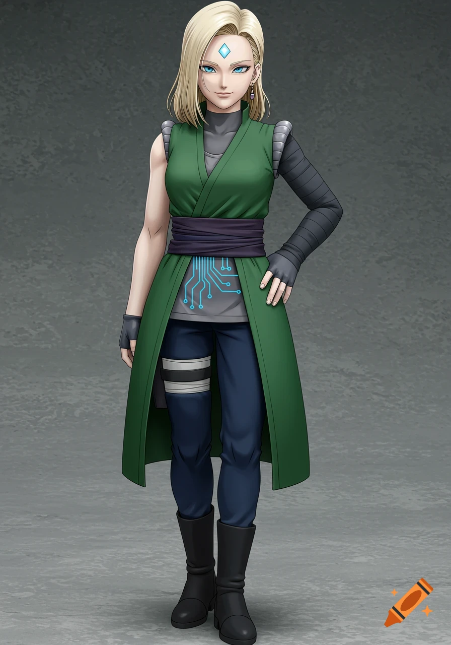 A blonde anime woman with a diamond on her forehead, wearing a green kimono-style top with a blue circuit design, dark pants, and black boots, standing on a grey background.