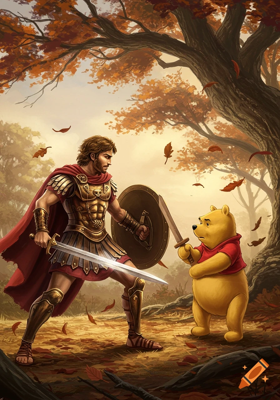A digital drawing of Alexander the Great in armor and Winnie the Pooh with a red shirt, facing each other with swords in an autumn forest with falling leaves.
