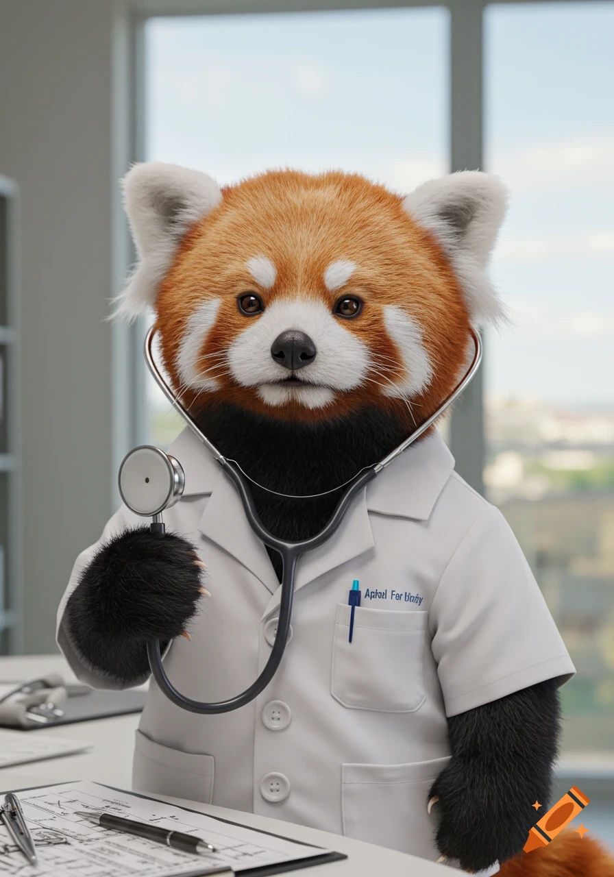 A photorealistic red panda doctor wearing a white lab coat and holding a stethoscope in a clinic.