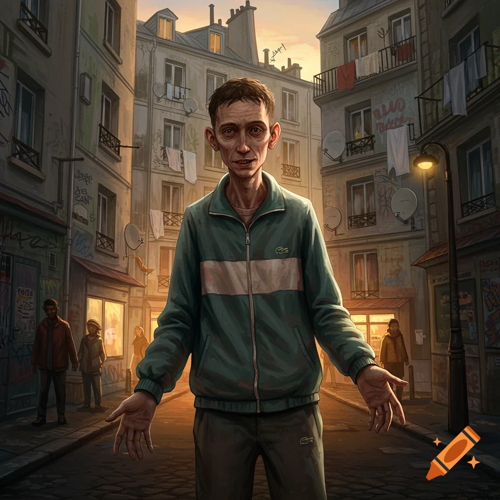 A drawing of a gaunt man in a green Lacoste tracksuit, standing with open palms in a gritty, graffiti-covered urban street at sunset.