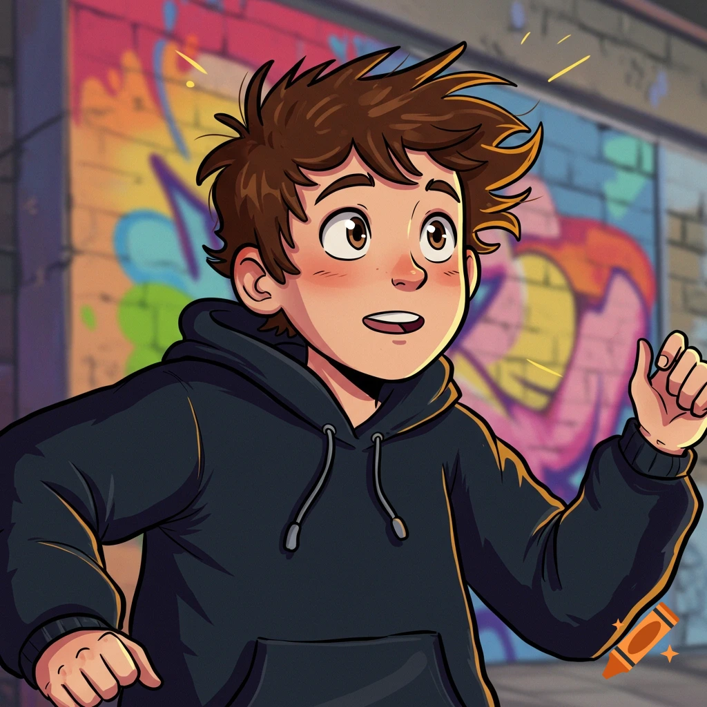 Cartoon boy with brown hair in a black hoodie looks up, running past a colorful graffiti wall.