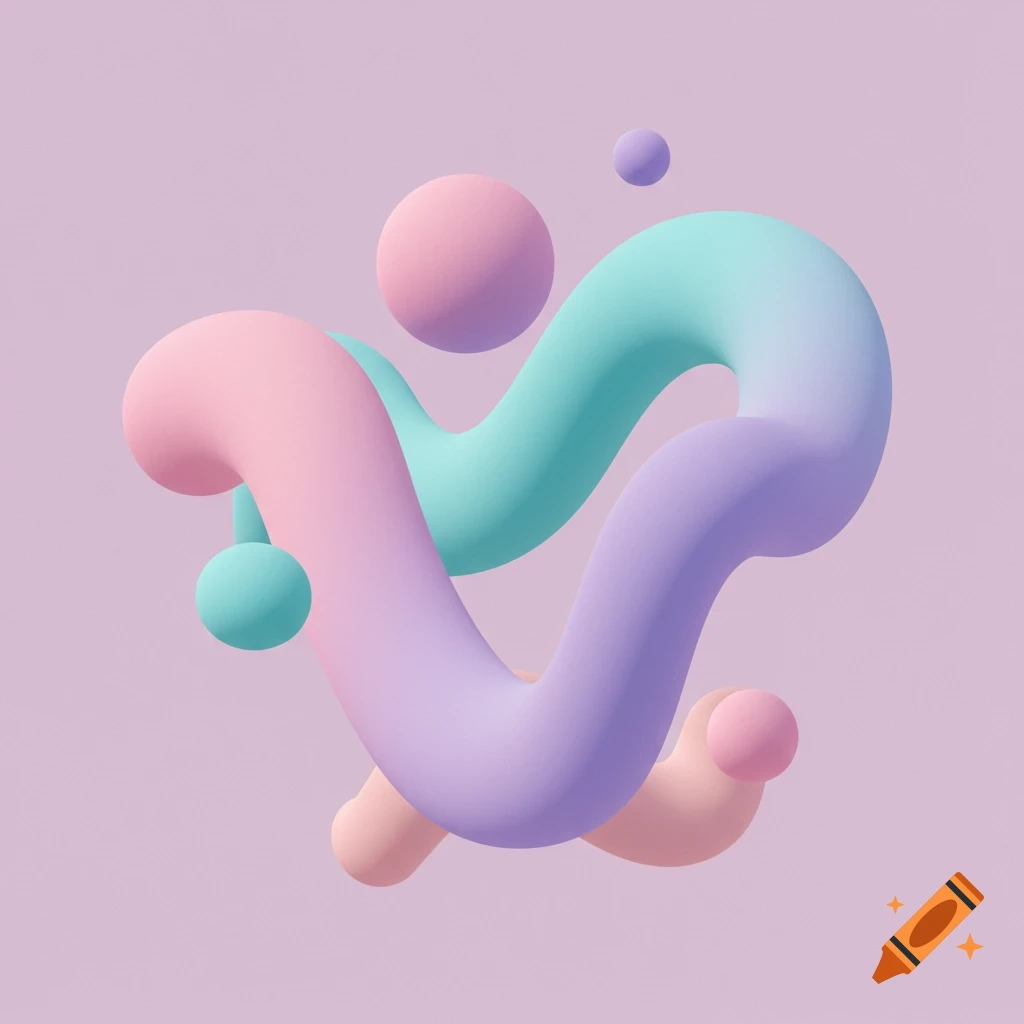 Smooth 3D intertwined tubes and floating spheres in pastel pink, purple, blue, and mint green on a lavender background.