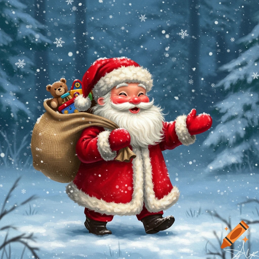 A cheerful cartoon Santa Claus, carrying a sack full of toys, walks through a snowy forest with snowflakes falling.