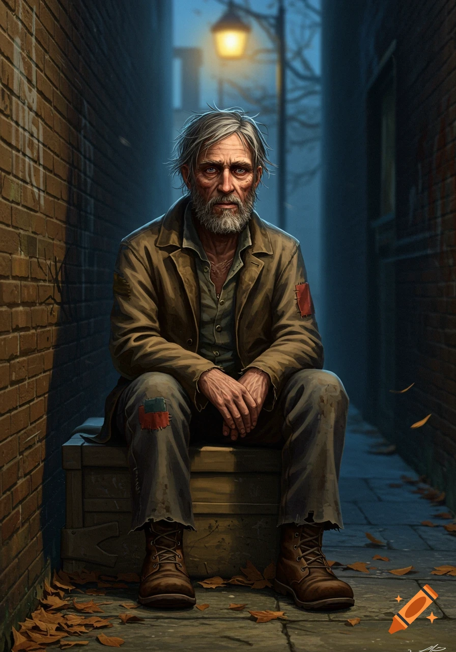 An old, bearded man with tattered clothes sits on a wooden crate in a dimly lit brick alley, a streetlamp above. Digital art.