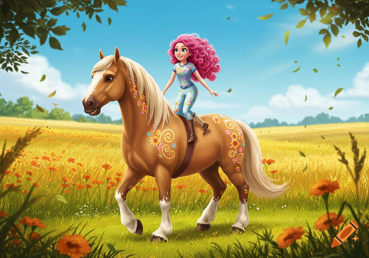 Animated girl with pink curly hair rides a decorated brown horse through a sunny field with flowers and falling leaves.