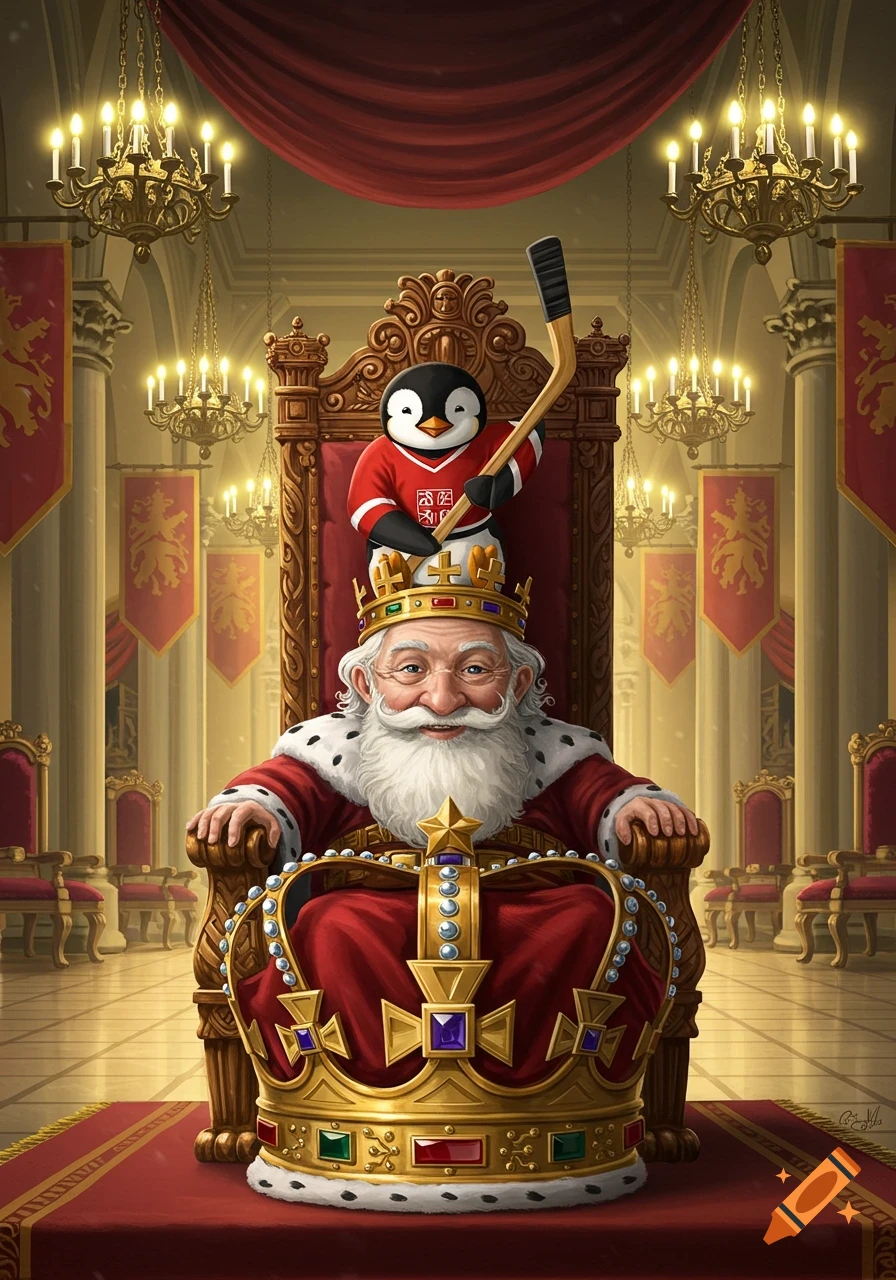 A cartoon penguin in a hockey jersey holds a stick while balancing on the crown of a smiling king in a red robe, seated on a grand throne.