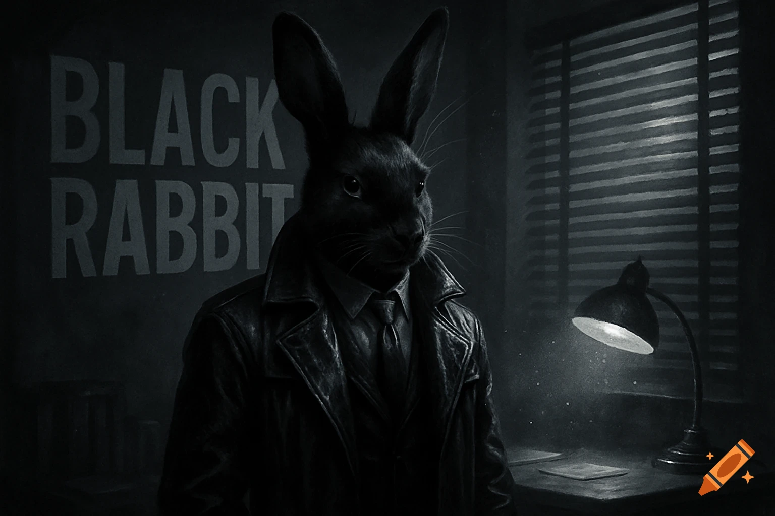 A black rabbit detective in a leather coat stands in a dark, moody office with a desk lamp, text 'BLACK RABBIT' on the wall, in a noir style.