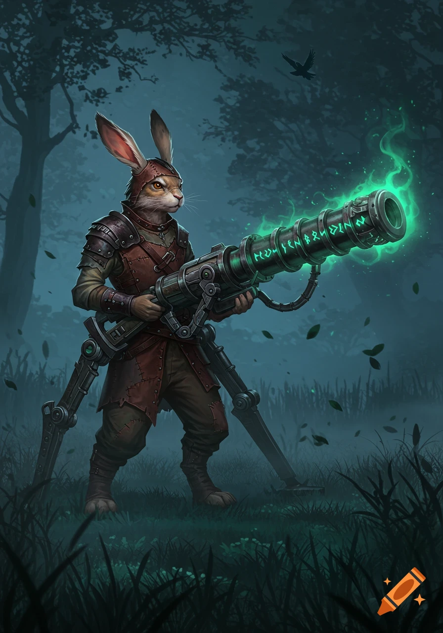 A rugged Harengon in leather armor stands in a dark forest, holding a large eldritch cannon with glowing green runes.