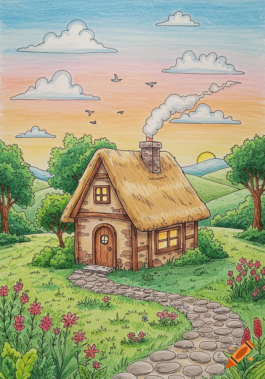 A colorful, hand-drawn illustration of a cozy cottage with a smoking chimney, surrounded by green hills and flowers under a vibrant sky at sunset.