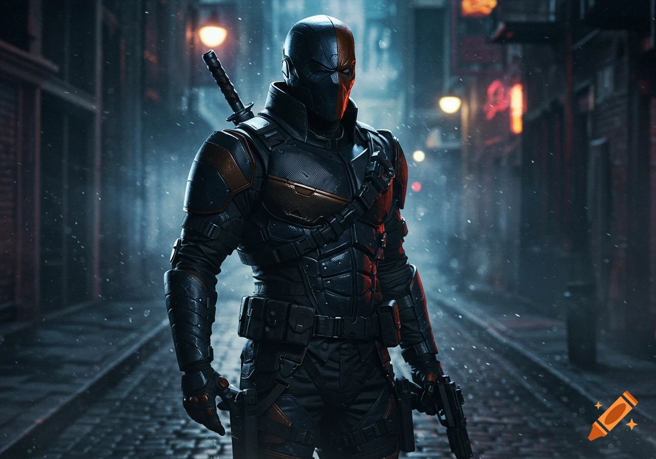 Photorealistic depiction of Deathstroke in an all-black armored suit, holding a gun and katana, standing in a dark, snowy urban alley.