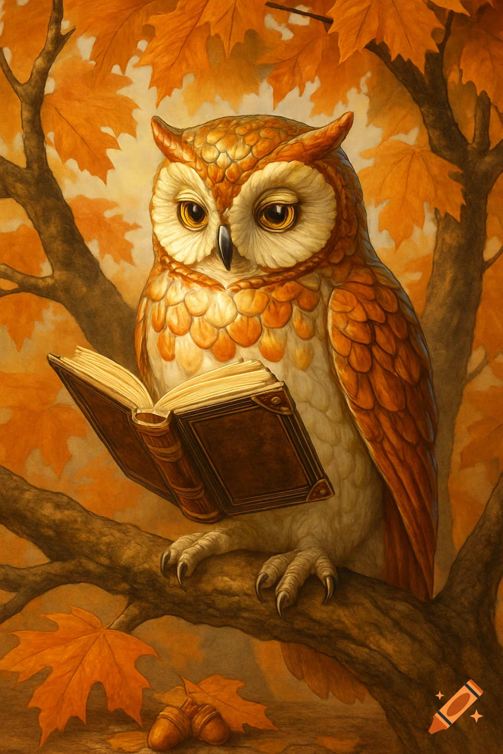 An illustrative golden-brown owl perched on a branch, reading an open book amidst vibrant orange autumn leaves and acorns.