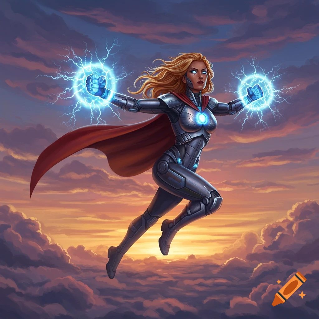 Female superhero in a metallic suit and red cape flying through a sunset sky with electric plasma around her fists, digital art.