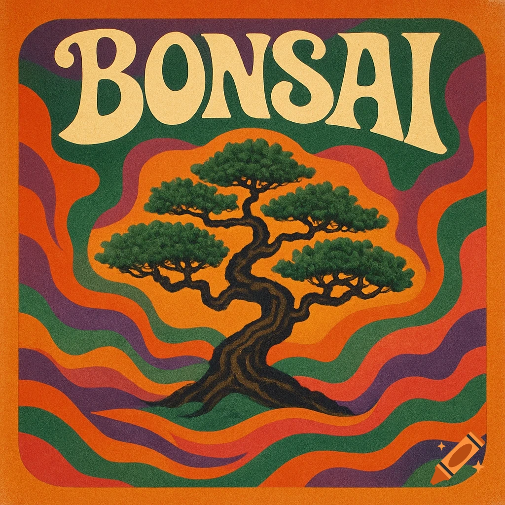 A 1970s psychedelic album cover featuring a bonsai tree with a wavy, colorful background in orange, green, and purple, and the word "BONSAI" in yellow at the top.
