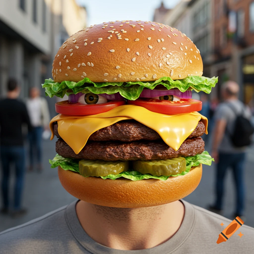 A photorealistic man with a large cheeseburger for a head, featuring eyes peeking from the lettuce and onion, on a city street.