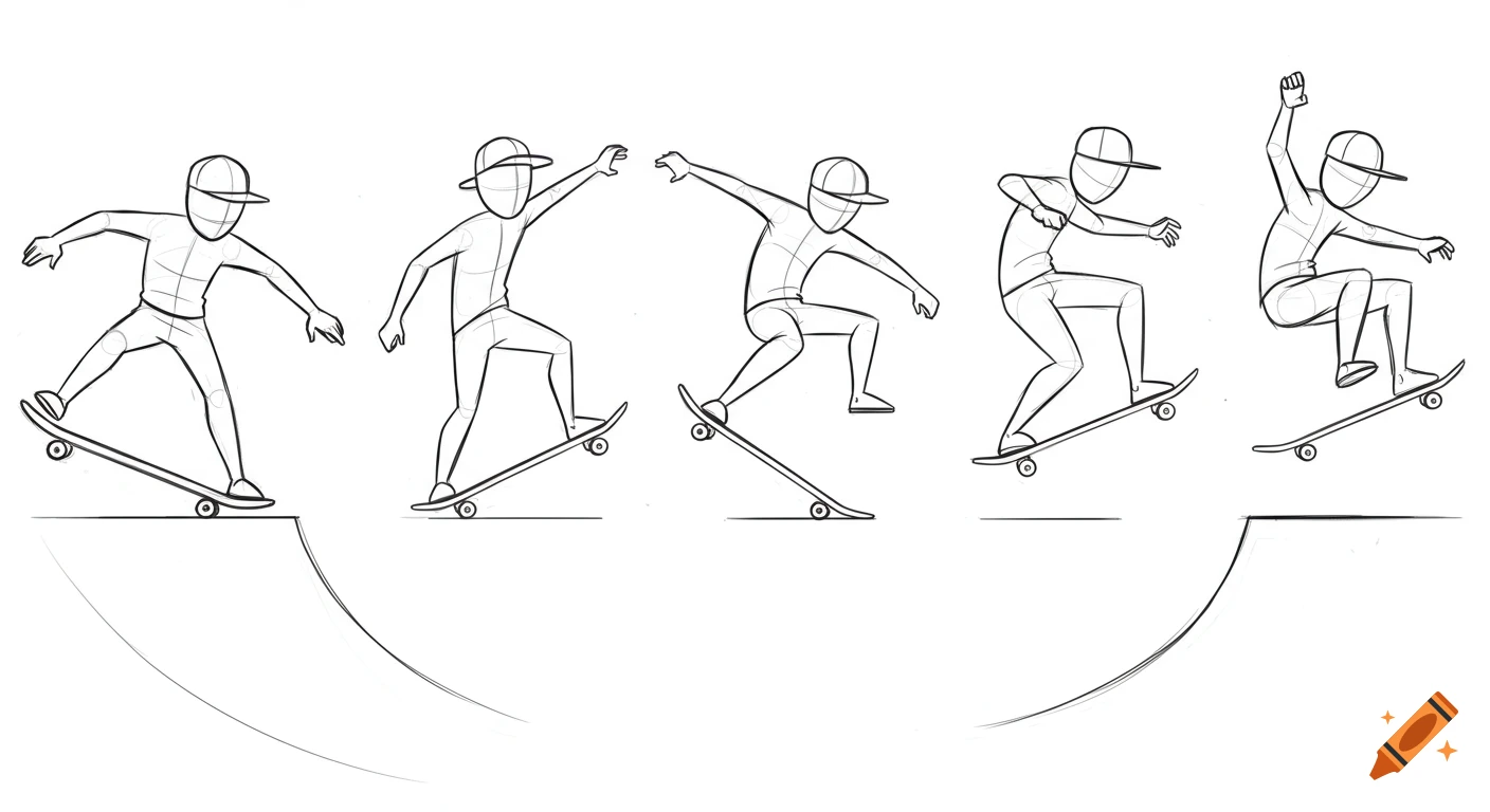 A black and white line art sequence of five stickman figures in baseball caps performing a skateboard trick off a ramp.