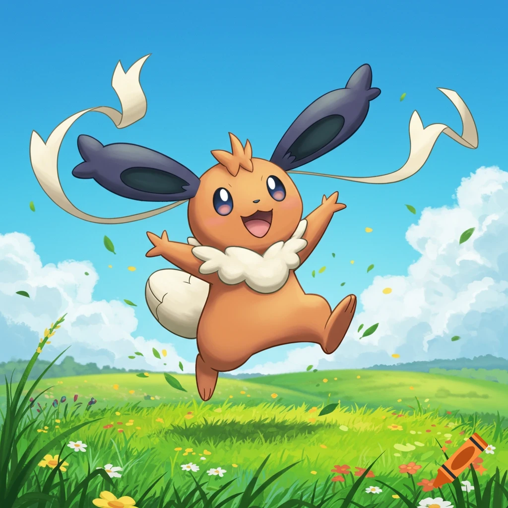 A cute, brown, fox-like creature with large ears jumps in a vibrant green field with flowers under a blue sky.