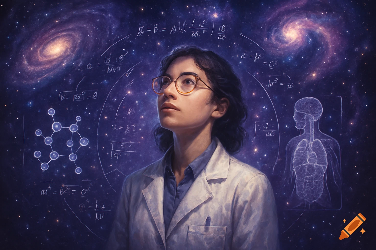 A young person in a lab coat and glasses looks upward, surrounded by glowing scientific formulas, a molecular structure, human anatomy, and swirling galaxies in a dark, starry cosmos.