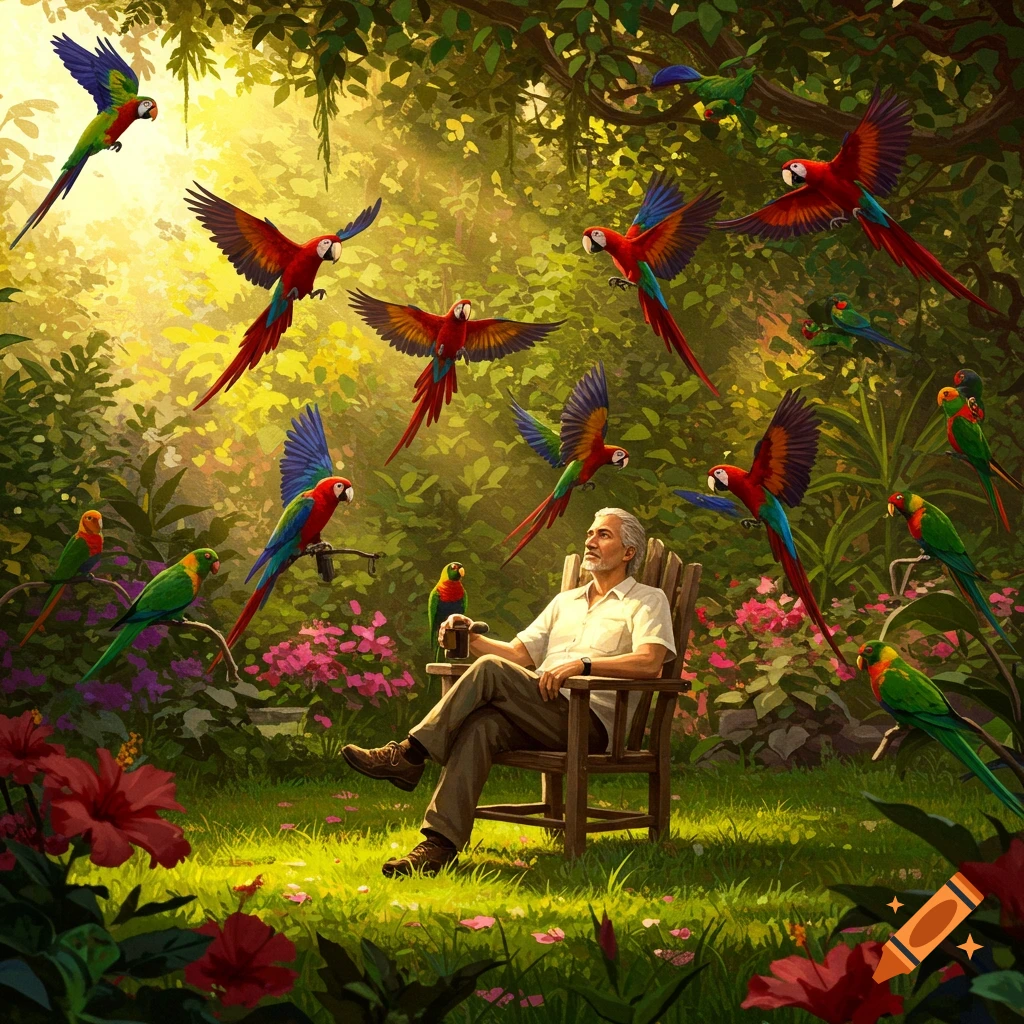 A man sitting in a wooden chair surrounded by numerous colorful parrots in a lush, sunlit tropical garden.