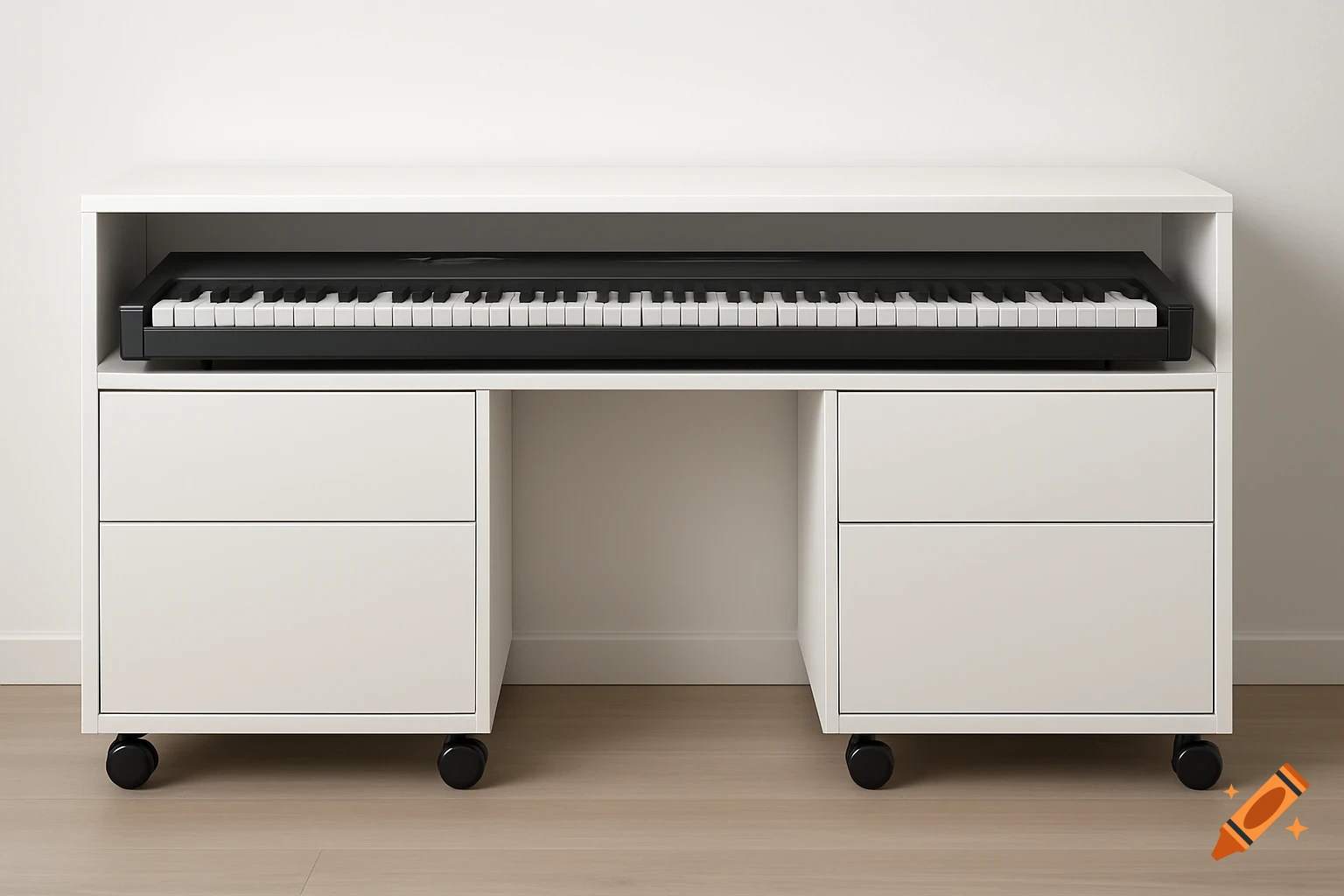 A white desk with two sets of drawers on wheels, holding a black digital piano.