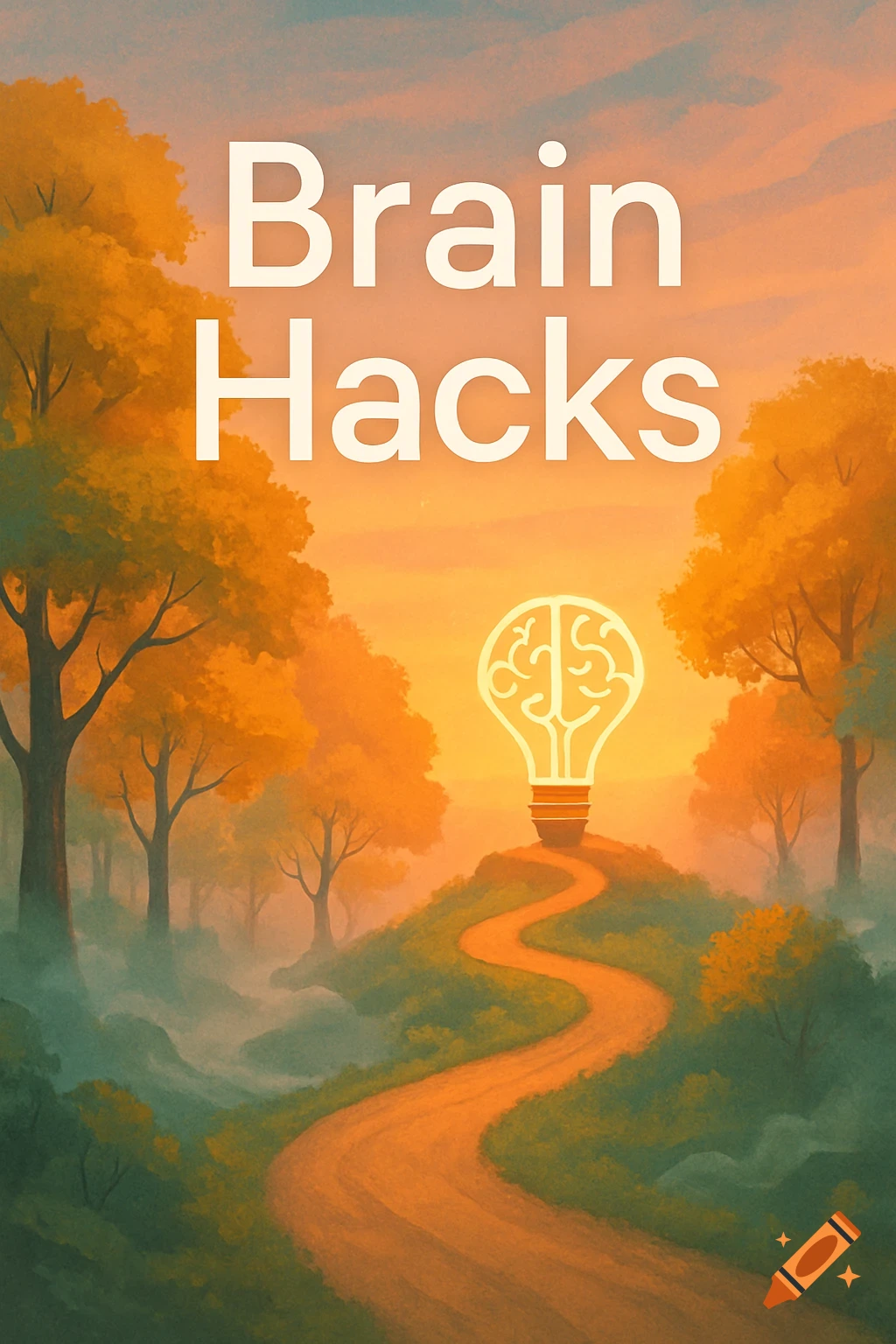 Dreamy landscape at sunrise with a winding path leading to a glowing brain lightbulb on a hill. Text: 'Brain Hacks'.