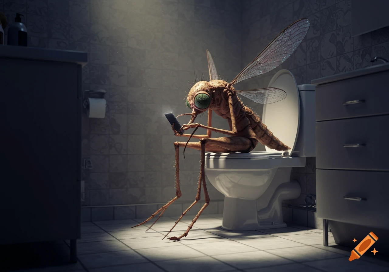 A photorealistic mosquito-human hybrid sits on a toilet, absorbed in its smartphone in a dimly lit bathroom.