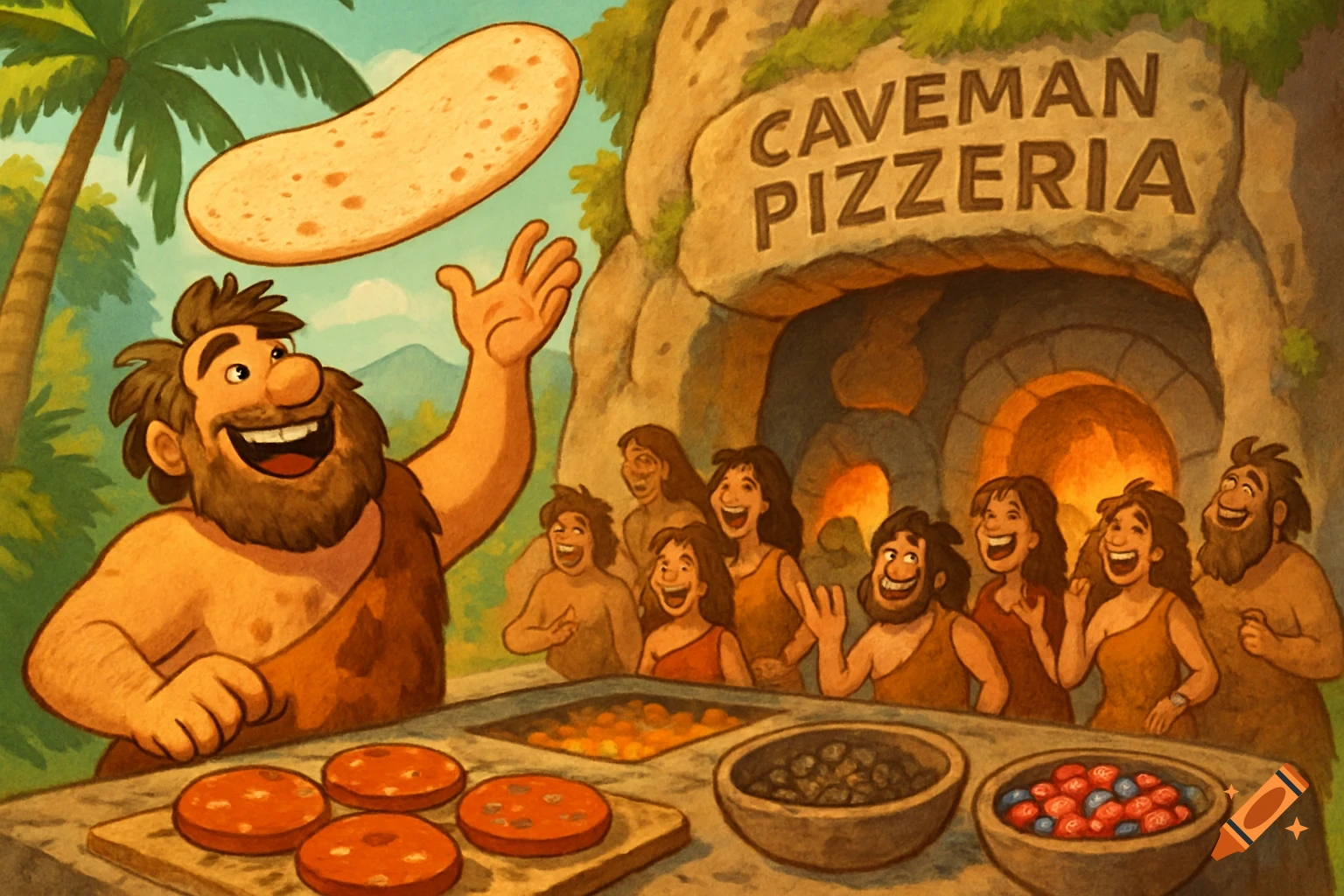 A cartoon caveman tosses pizza dough in front of a cave labeled "CAVEMAN PIZZERIA," as other cheerful cavepeople watch.