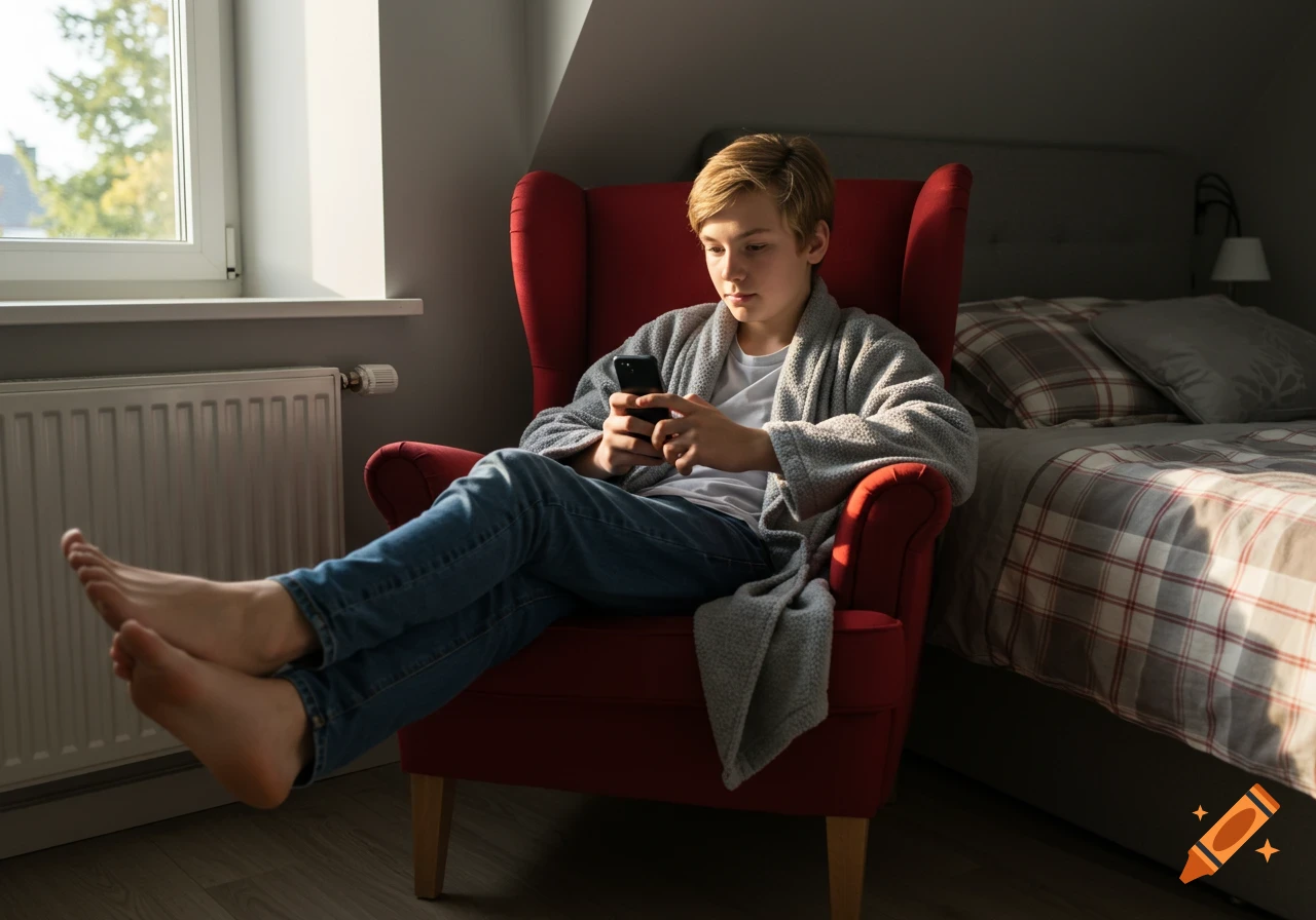 A blonde teenage boy relaxes in a red armchair, engrossed in his phone, with his bare feet propped up by a window.